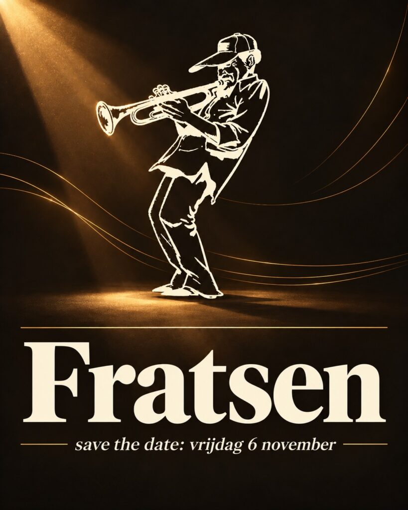 Poster van Fratsen: de trompettist in een spotlight, met de tekst save the date, vrijdag 6 november